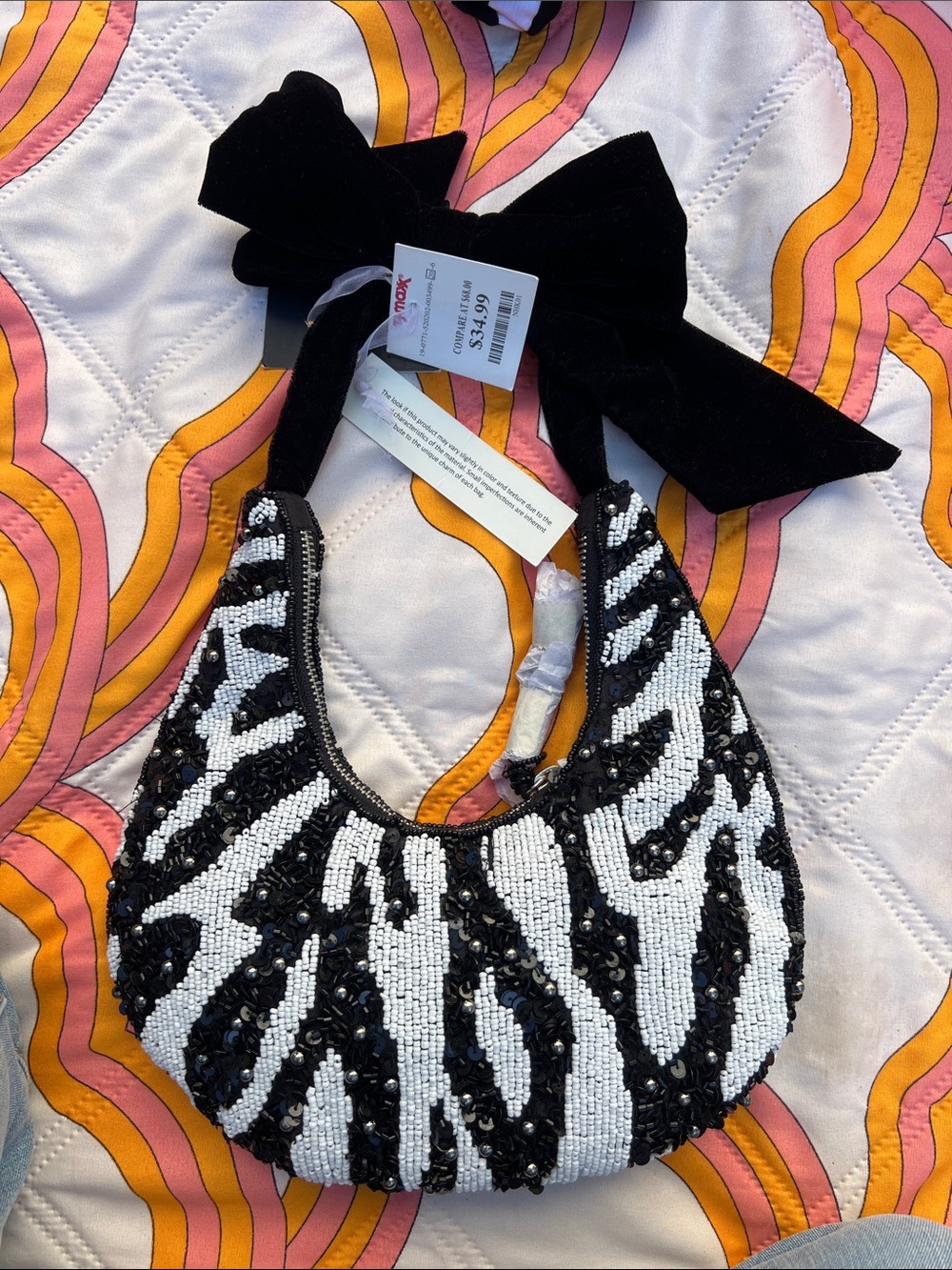 Beaded Black & White Zebra-Pattern Shoulder Bag with Velvet Bow